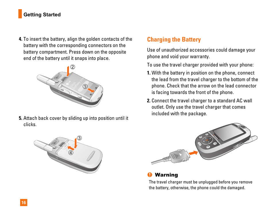 Charging the battery | LG CU320 User Manual | Page 20 / 99