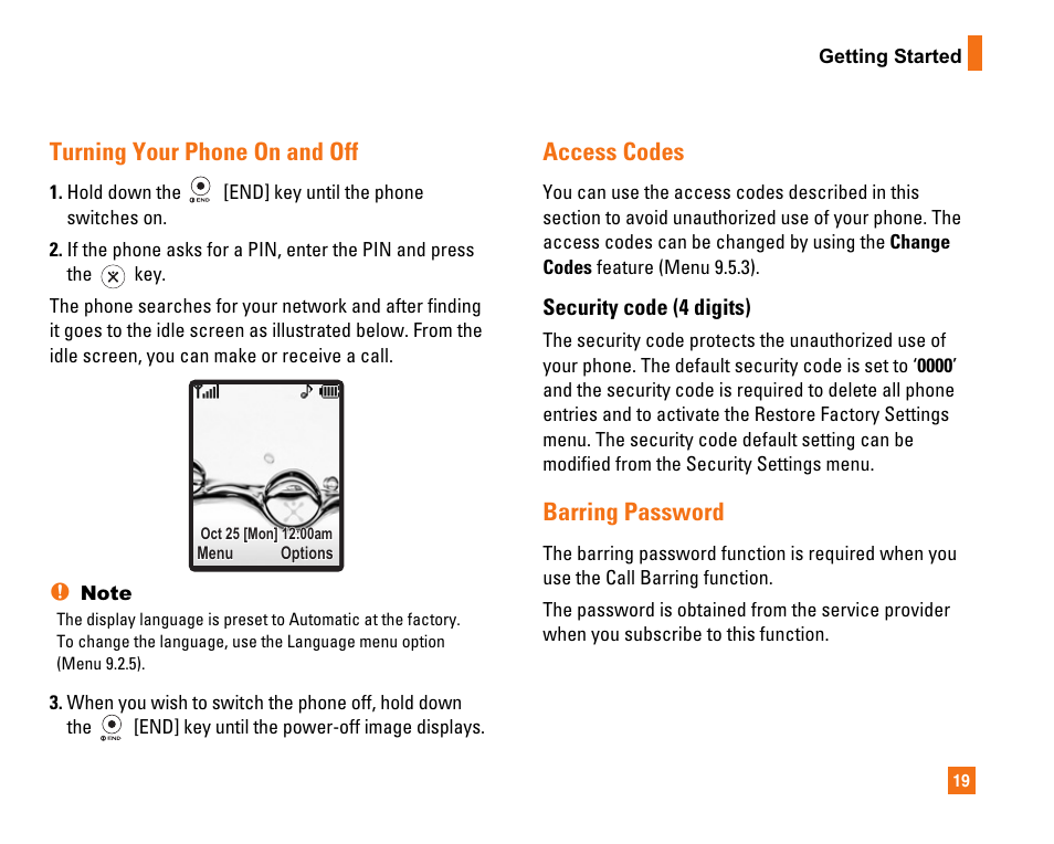 Turning your phone on and off, Access codes, Barring password | LG CU320 User Manual | Page 23 / 99