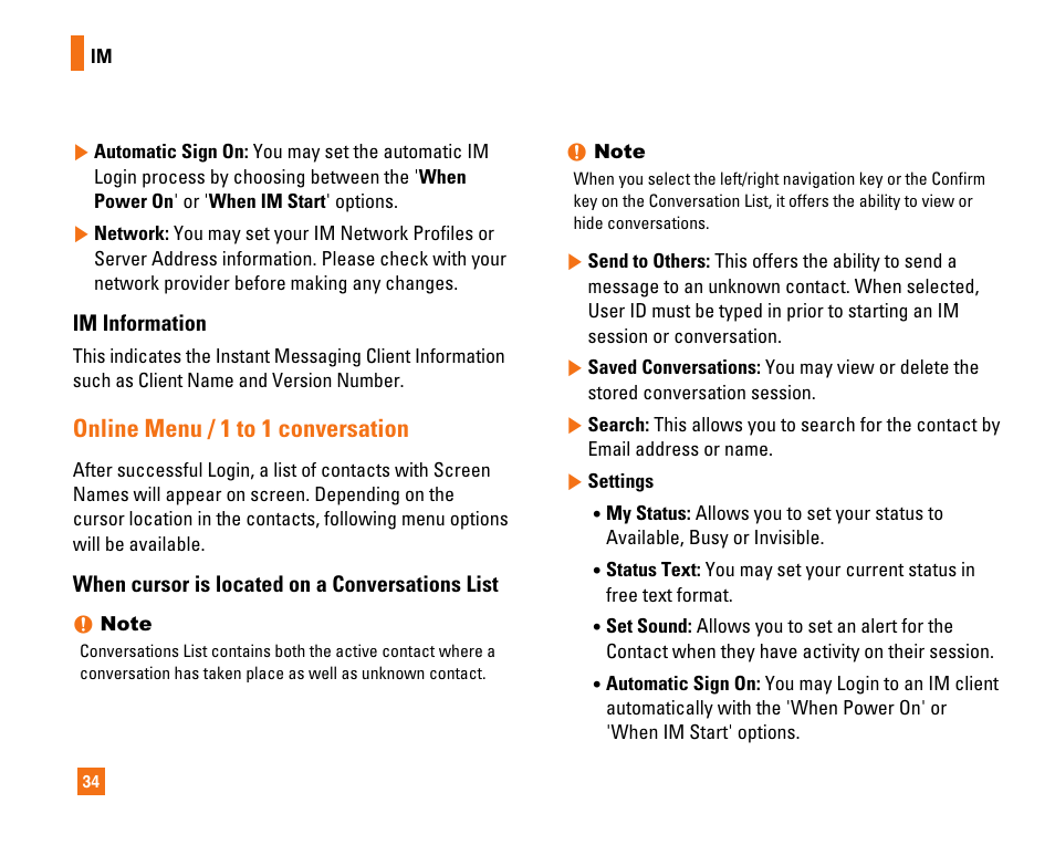 Online menu / 1 to 1 conversation | LG CU320 User Manual | Page 38 / 99