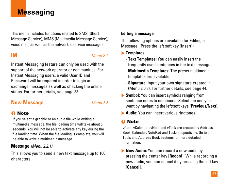 Messaging, New message | LG CU320 User Manual | Page 41 / 99