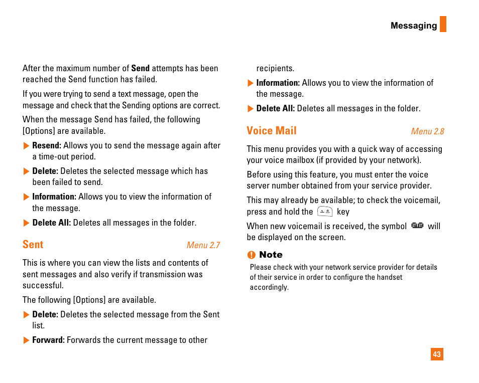 Sent, Voice mail | LG CU320 User Manual | Page 47 / 99