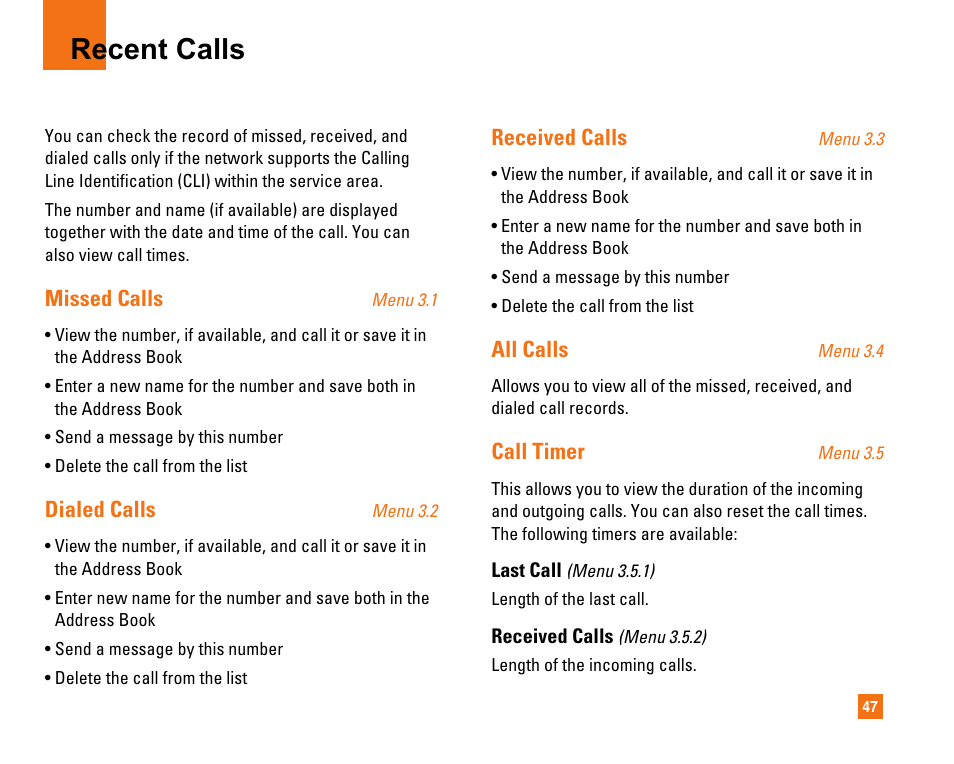 Recent calls, Missed calls, Dialed calls | Received calls, All calls, Call timer | LG CU320 User Manual | Page 51 / 99