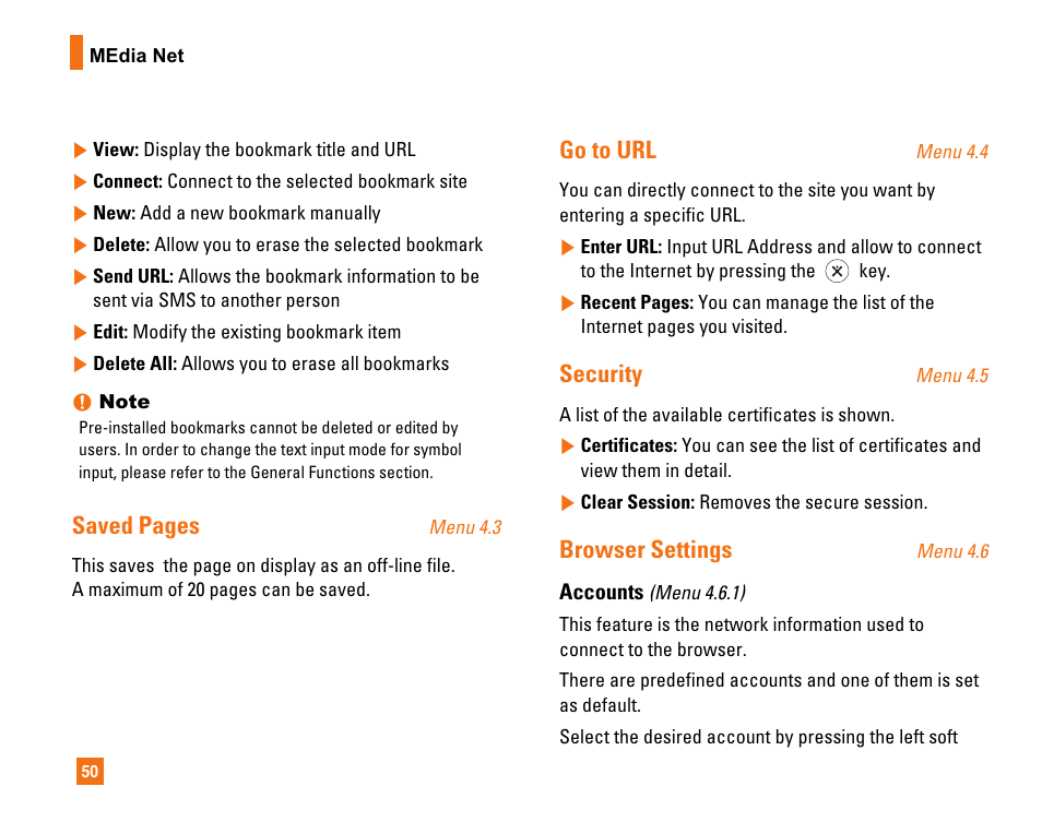 Saved pages, Go to url, Security | Browser settings | LG CU320 User Manual | Page 54 / 99