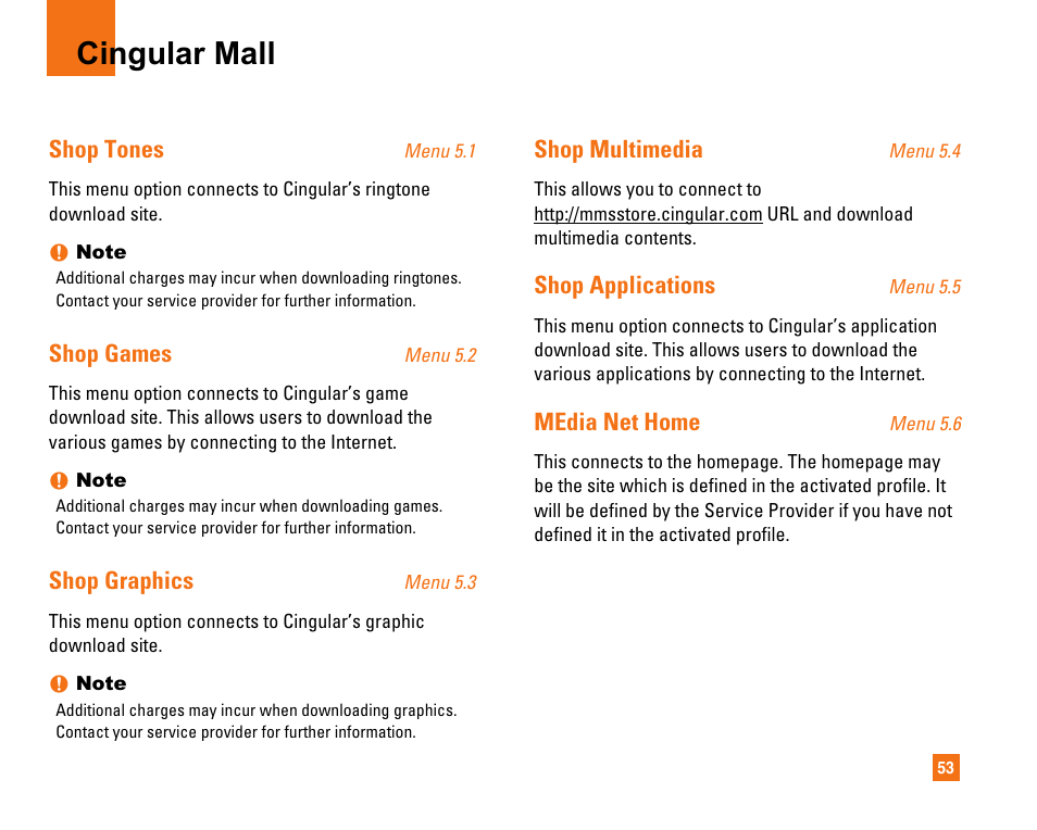 Cingular mall, Shop tones, Shop games | Shop graphics, Shop multimedia, Shop applications, Media net home | LG CU320 User Manual | Page 57 / 99