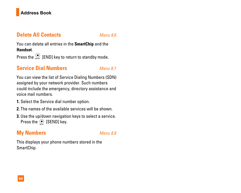 Delete all contacts, Service dial numbers, My numbers | LG CU320 User Manual | Page 68 / 99
