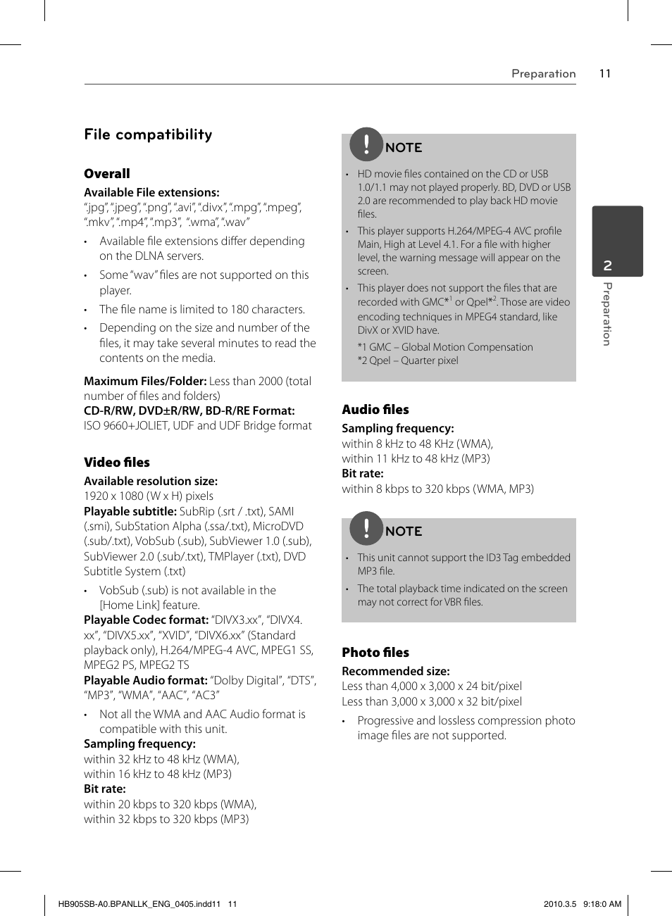 File compatibility | LG HB905SB User Manual | Page 11 / 88