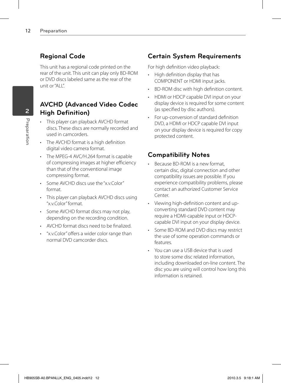 Regional code, Avchd (advanced video codec high deﬁ nition), Certain system requirements | LG HB905SB User Manual | Page 12 / 88