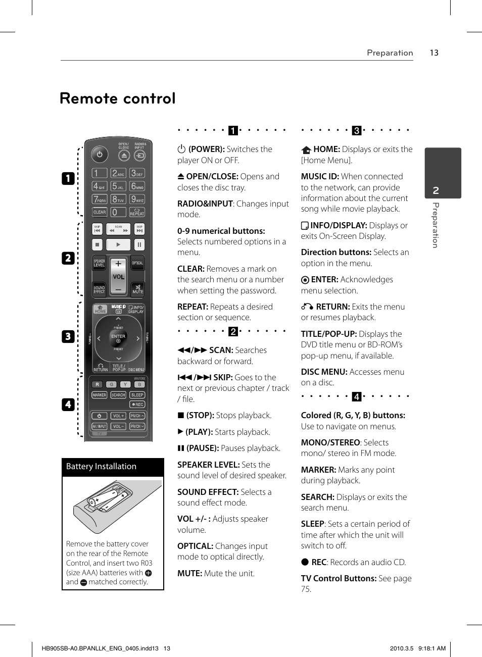 Remote control | LG HB905SB User Manual | Page 13 / 88