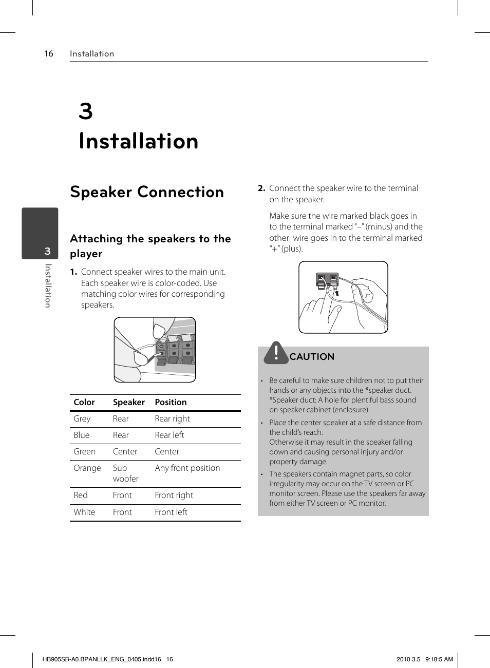 3 installation, Speaker connection, Attaching the speakers to the player | LG HB905SB User Manual | Page 16 / 88