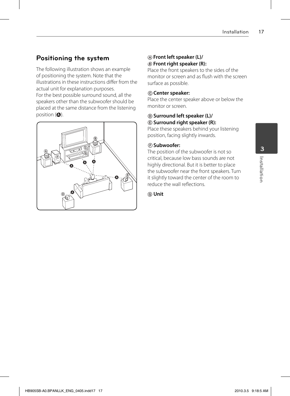 Positioning the system | LG HB905SB User Manual | Page 17 / 88