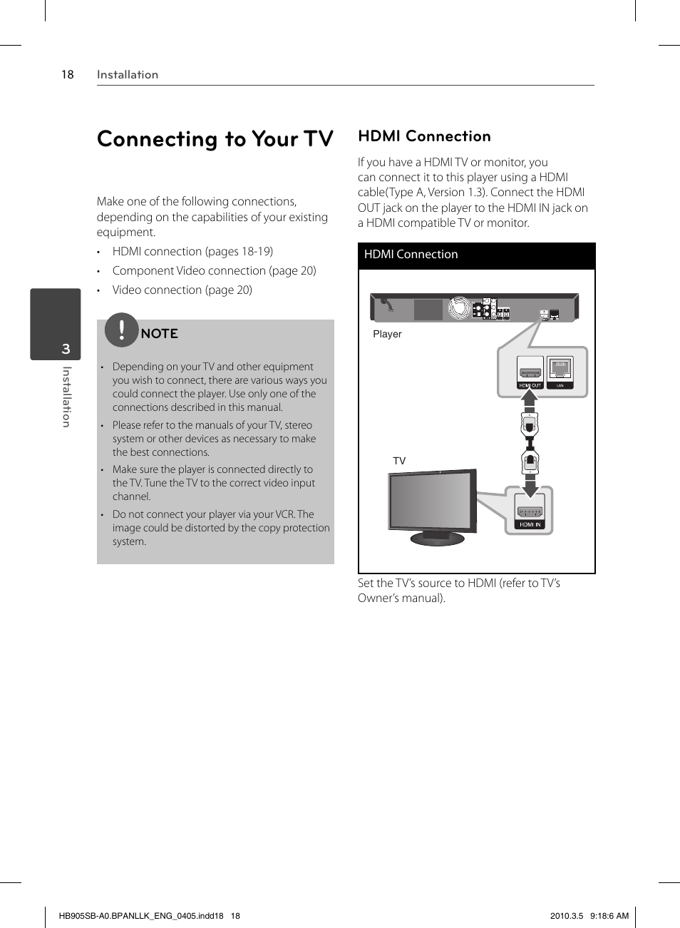 Connecting to your tv, Hdmi connection | LG HB905SB User Manual | Page 18 / 88