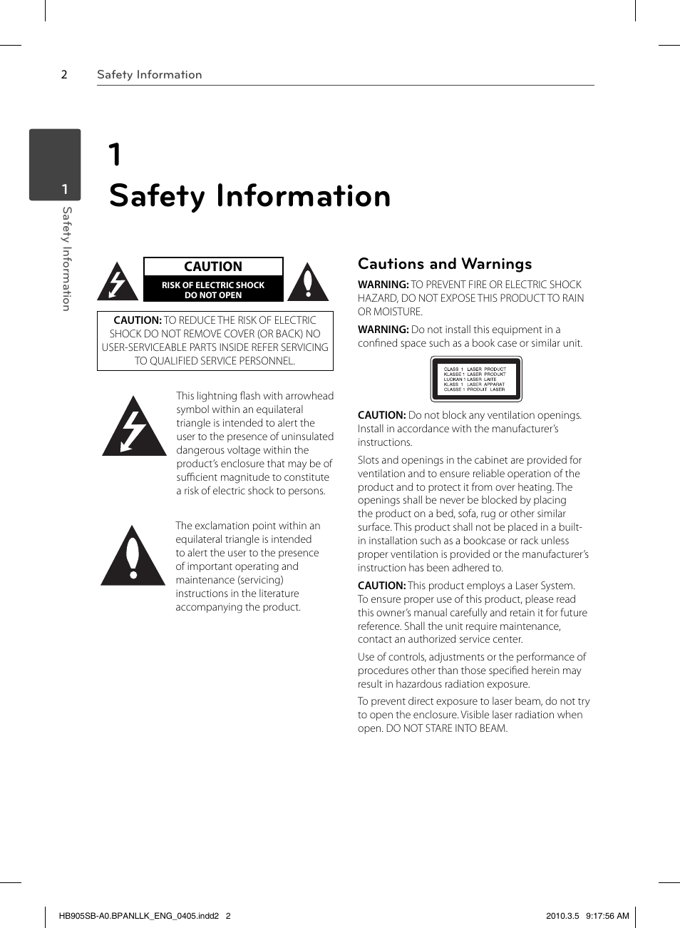 1 safety information, Cautions and warnings | LG HB905SB User Manual | Page 2 / 88