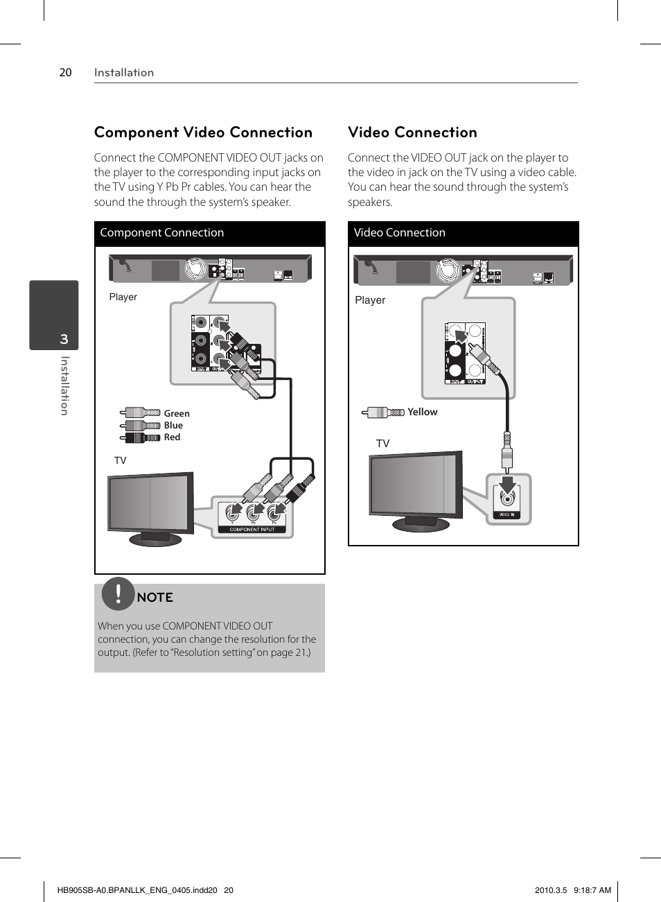 Component video connection, Video connection | LG HB905SB User Manual | Page 20 / 88