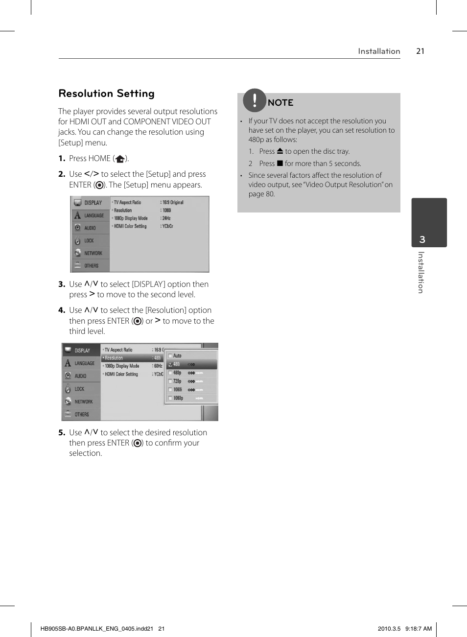 Resolution setting | LG HB905SB User Manual | Page 21 / 88