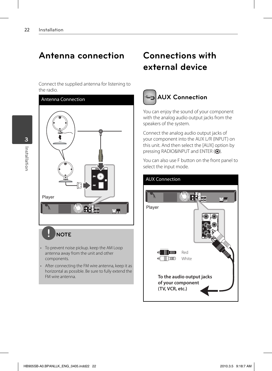 Antenna connection, Connections with external device, Aux connection | LG HB905SB User Manual | Page 22 / 88