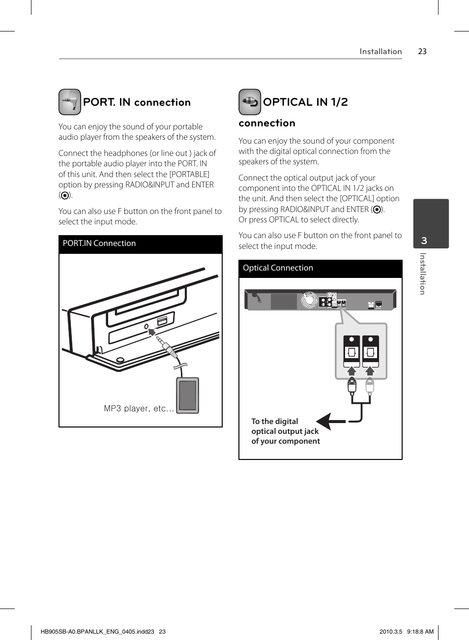 Port. in connection, Optical in 1/2 connection | LG HB905SB User Manual | Page 23 / 88