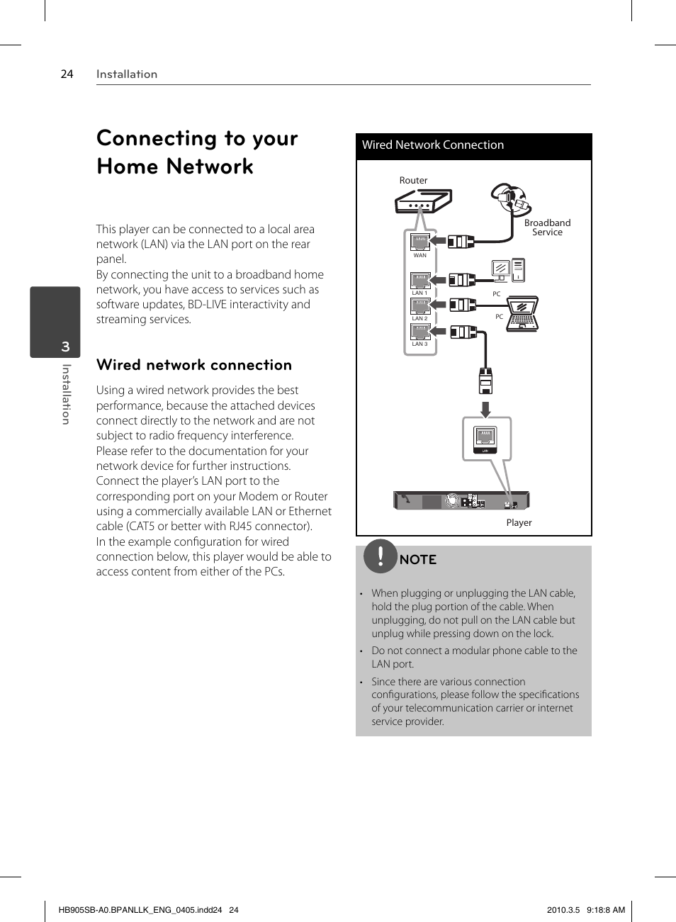 Connecting to your home network, Wired network connection | LG HB905SB User Manual | Page 24 / 88