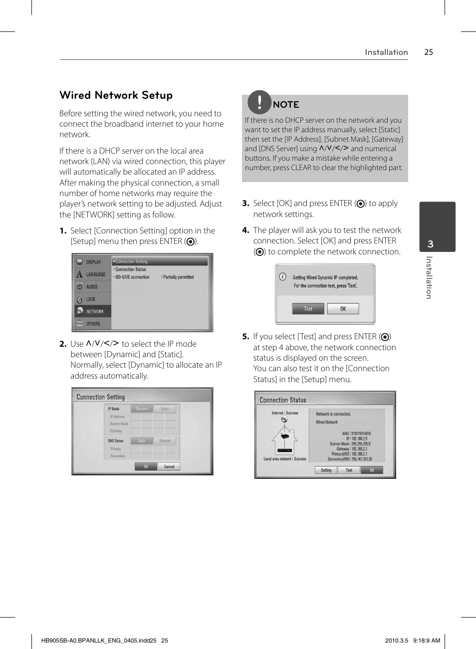 Wired network setup | LG HB905SB User Manual | Page 25 / 88