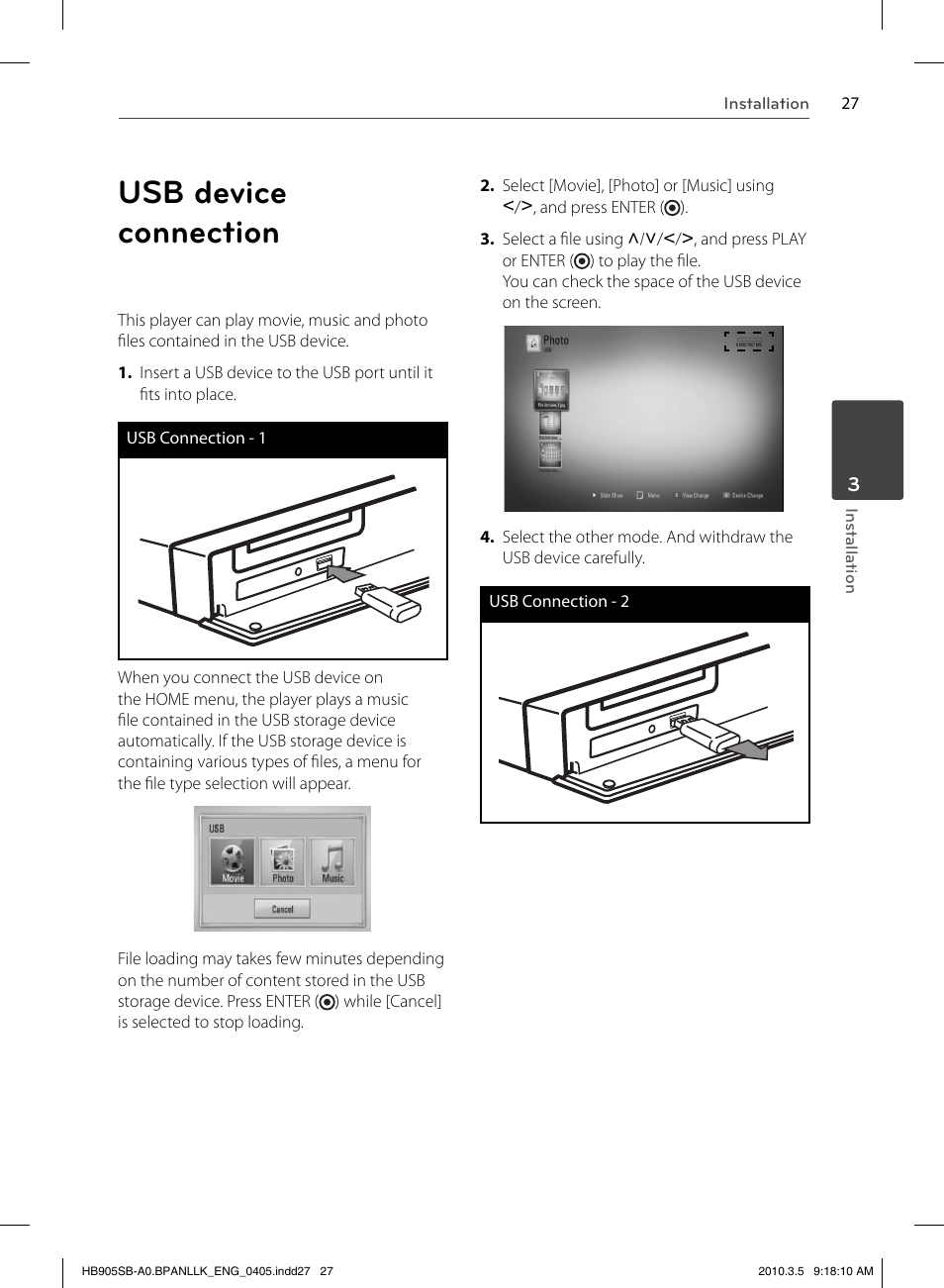 Usb device connection | LG HB905SB User Manual | Page 27 / 88