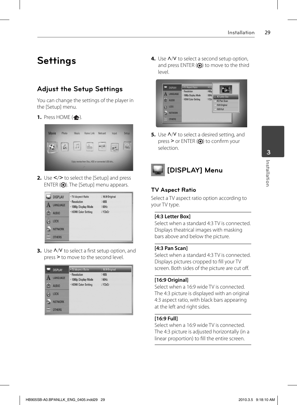 Settings, Adjust the setup settings, Display] menu | LG HB905SB User Manual | Page 29 / 88