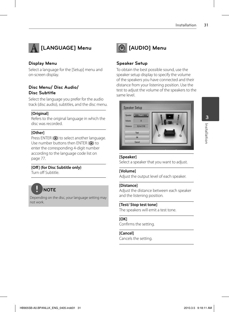 Language] menu, Audio] menu | LG HB905SB User Manual | Page 31 / 88