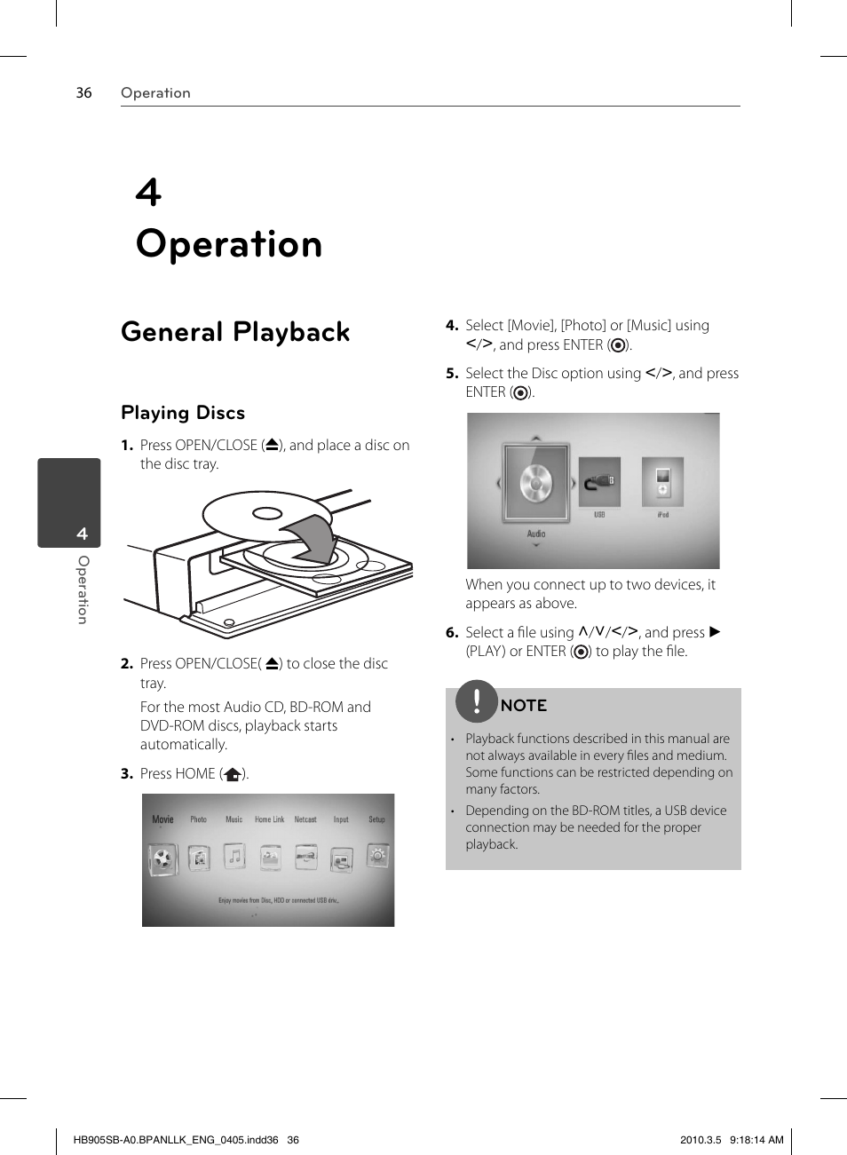 4 operation, General playback, Playing discs | LG HB905SB User Manual | Page 36 / 88