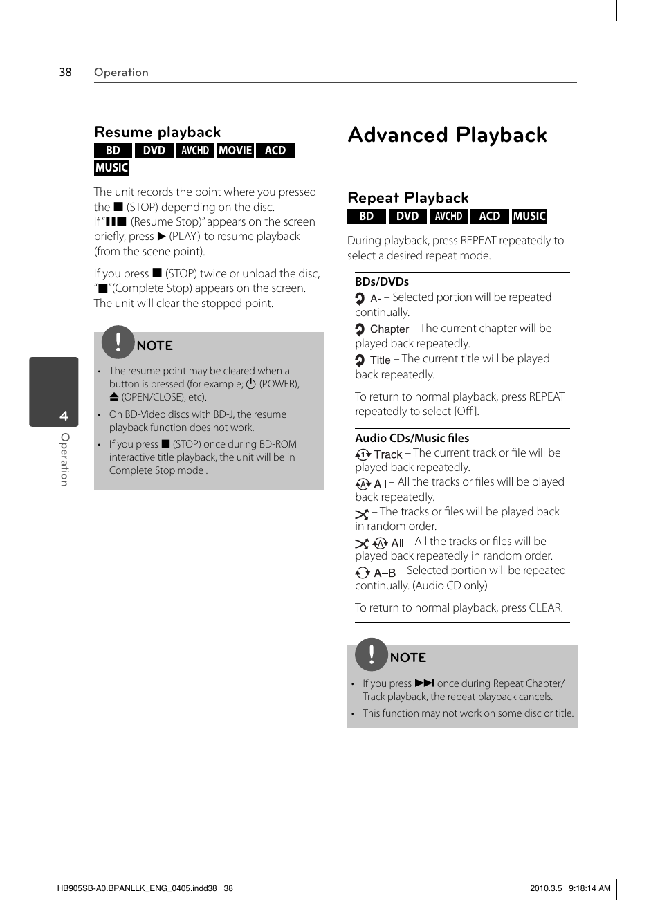 Advanced playback, Resume playback, Repeat playback | LG HB905SB User Manual | Page 38 / 88