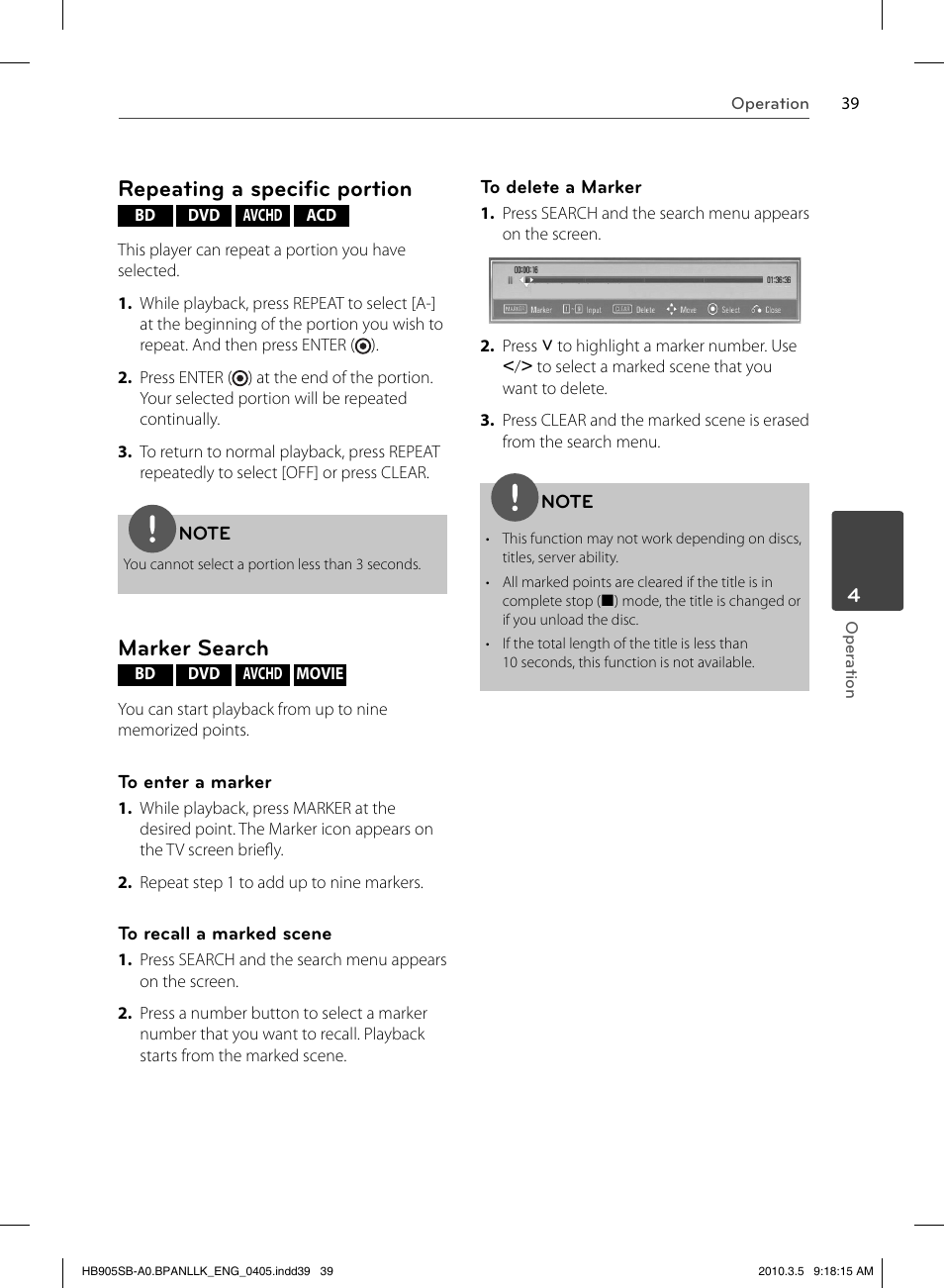 Repeating a speciﬁ c portion, Marker search | LG HB905SB User Manual | Page 39 / 88