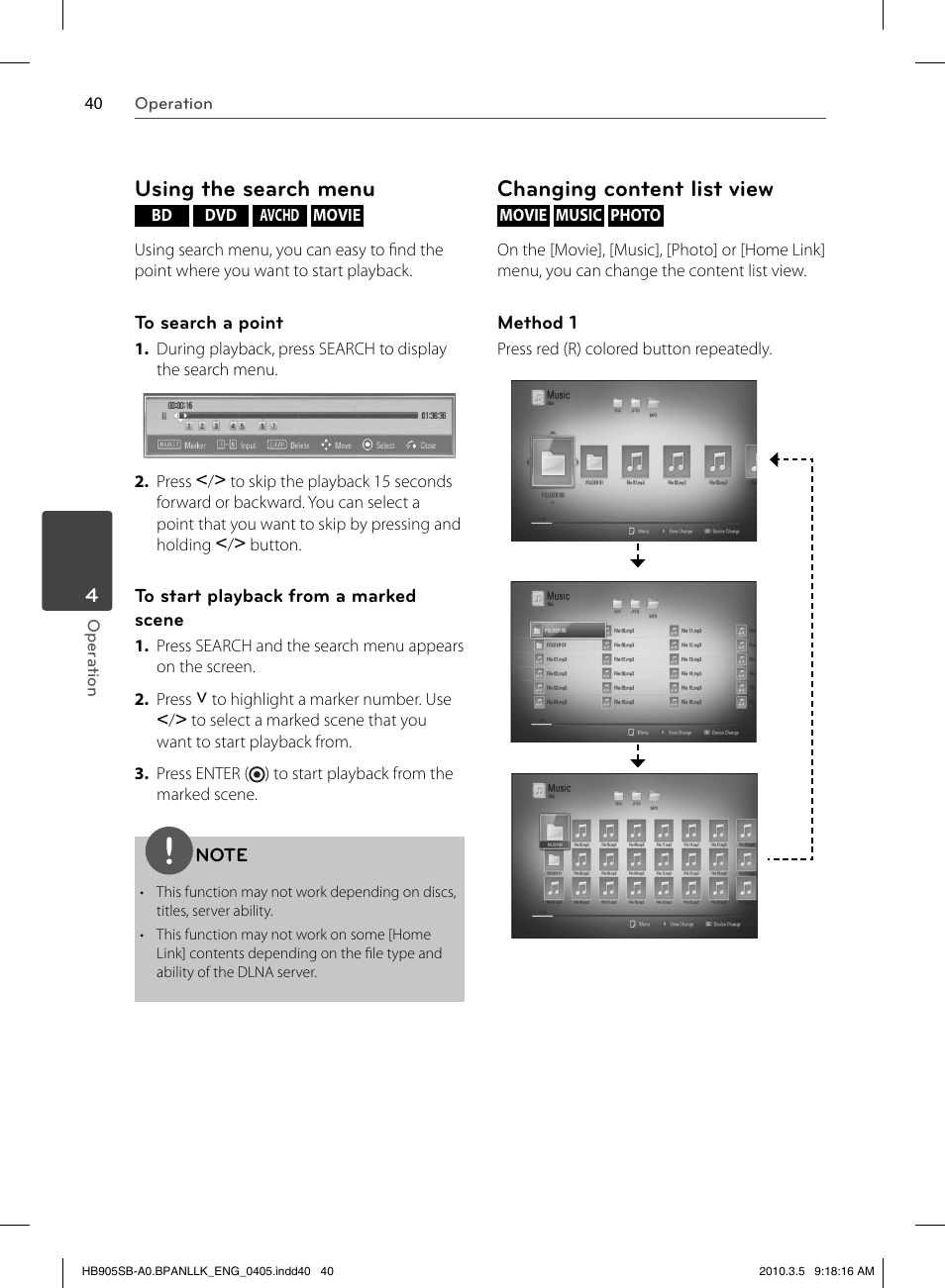 Using the search menu, Changing content list view | LG HB905SB User Manual | Page 40 / 88