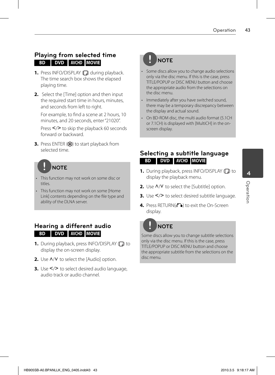 Playing from selected time, Hearing a different audio, Selecting a subtitle language | LG HB905SB User Manual | Page 43 / 88