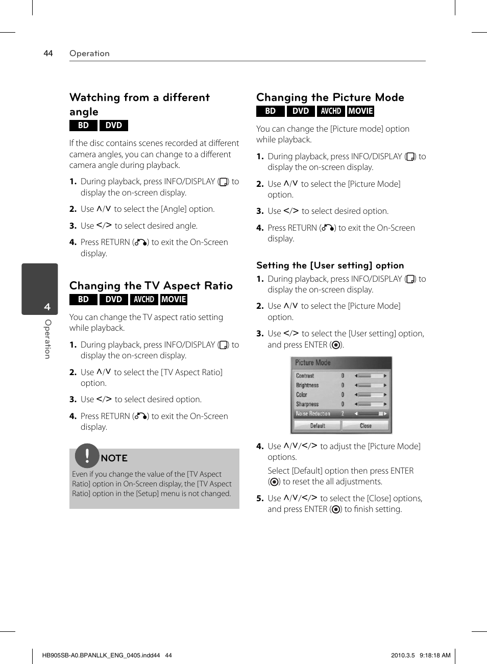 Watching from a different angle, Changing the tv aspect ratio, Changing the picture mode | LG HB905SB User Manual | Page 44 / 88