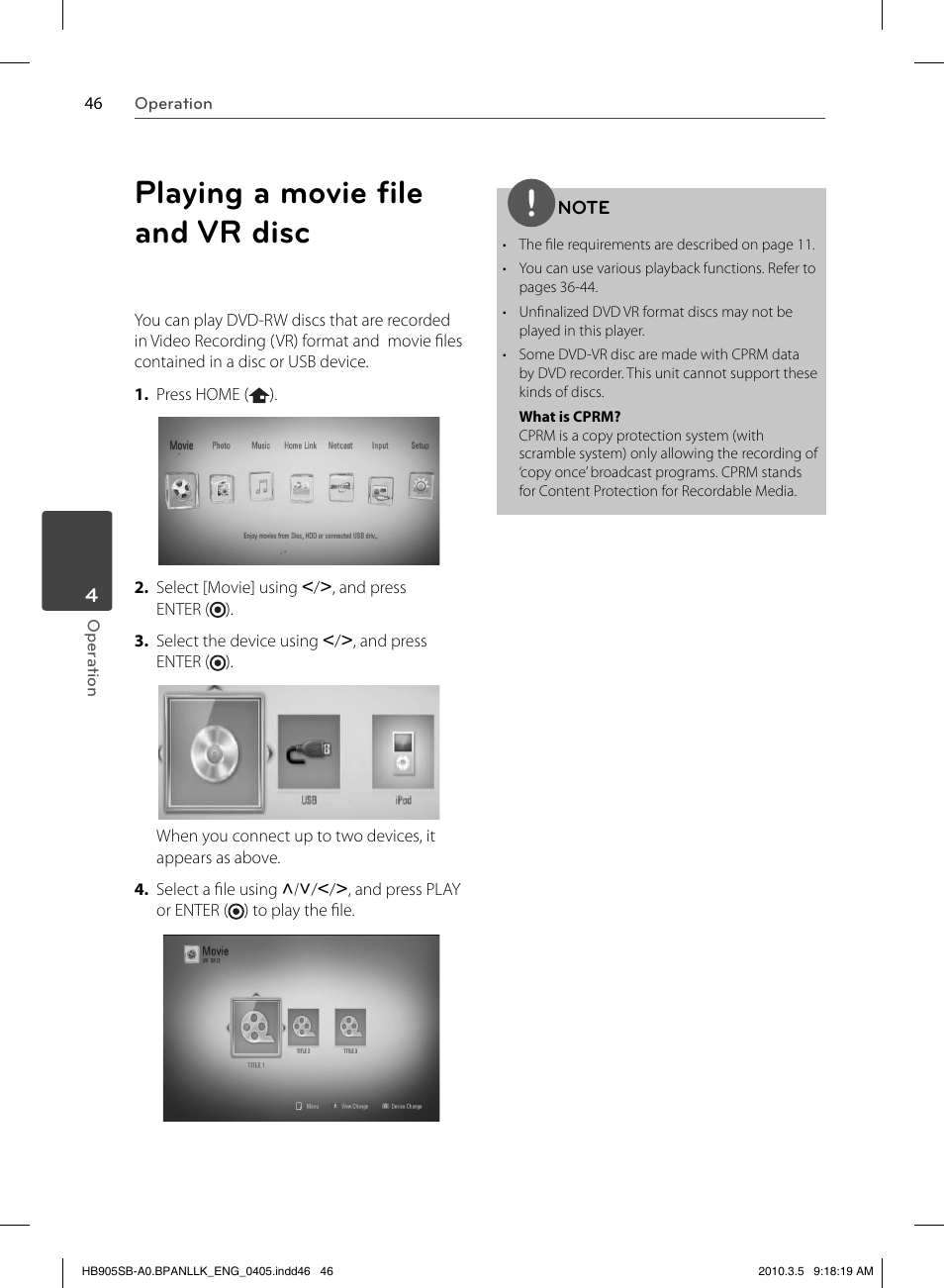 Playing a movie ﬁ le and vr disc | LG HB905SB User Manual | Page 46 / 88