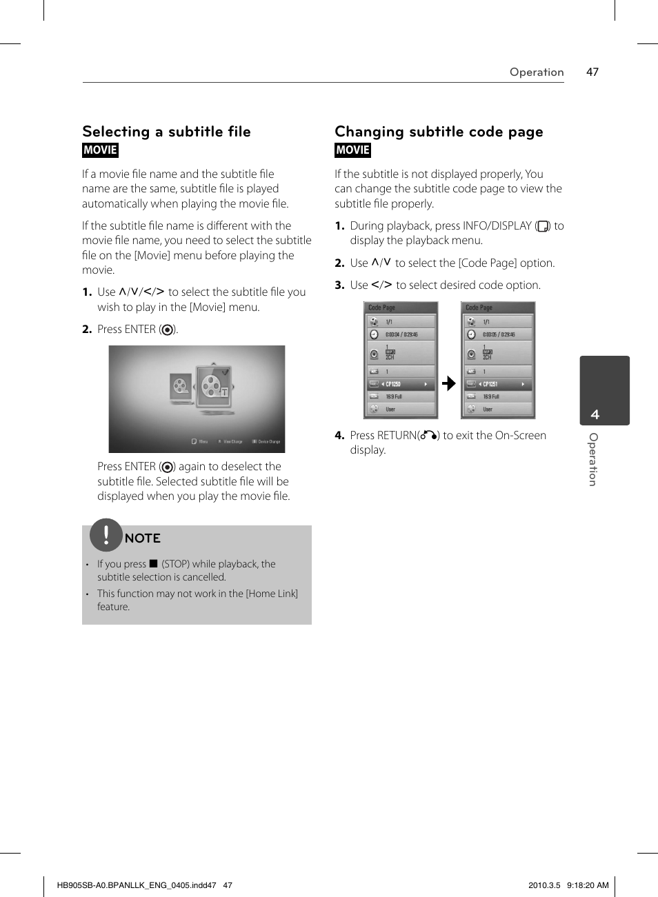 Selecting a subtitle ﬁ le, Changing subtitle code page | LG HB905SB User Manual | Page 47 / 88