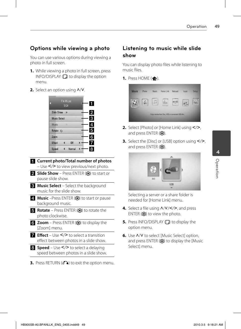 Options while viewing a photo, Listening to music while slide show | LG HB905SB User Manual | Page 49 / 88