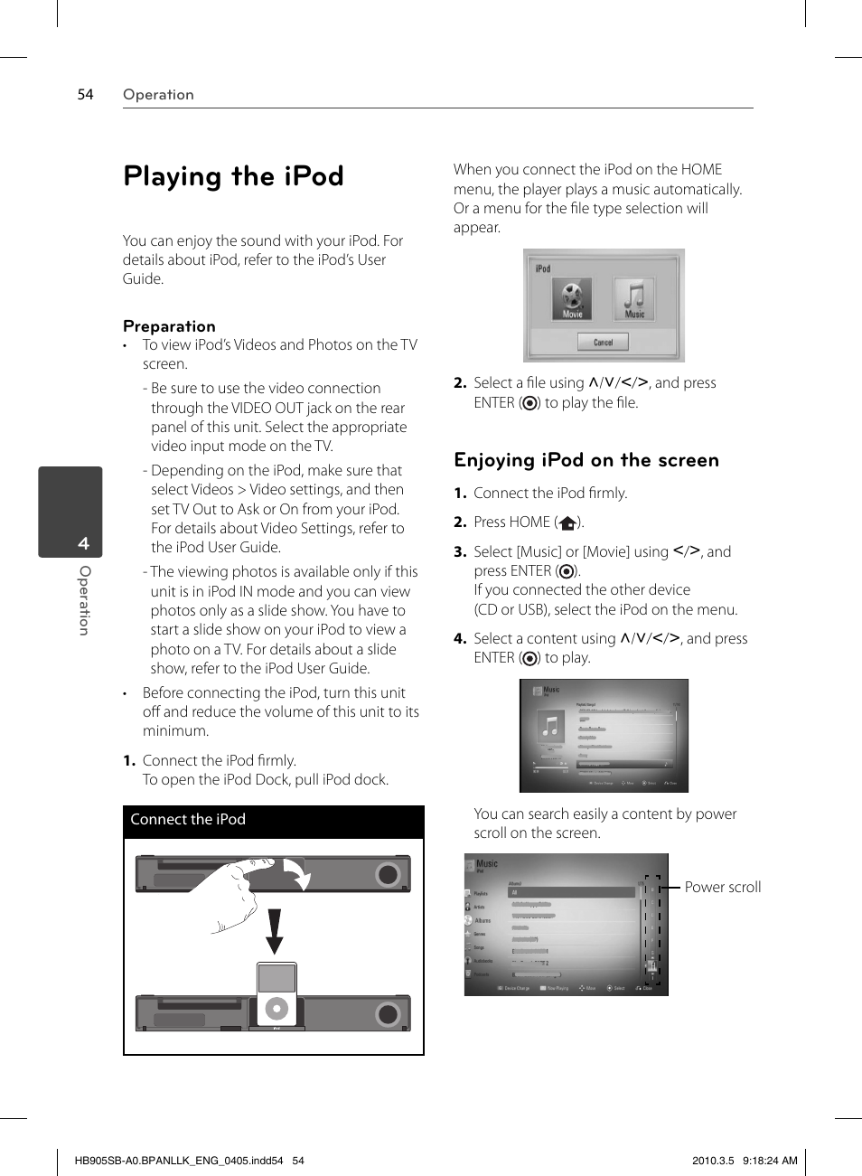 Playing the ipod, Enjoying ipod on the screen | LG HB905SB User Manual | Page 54 / 88