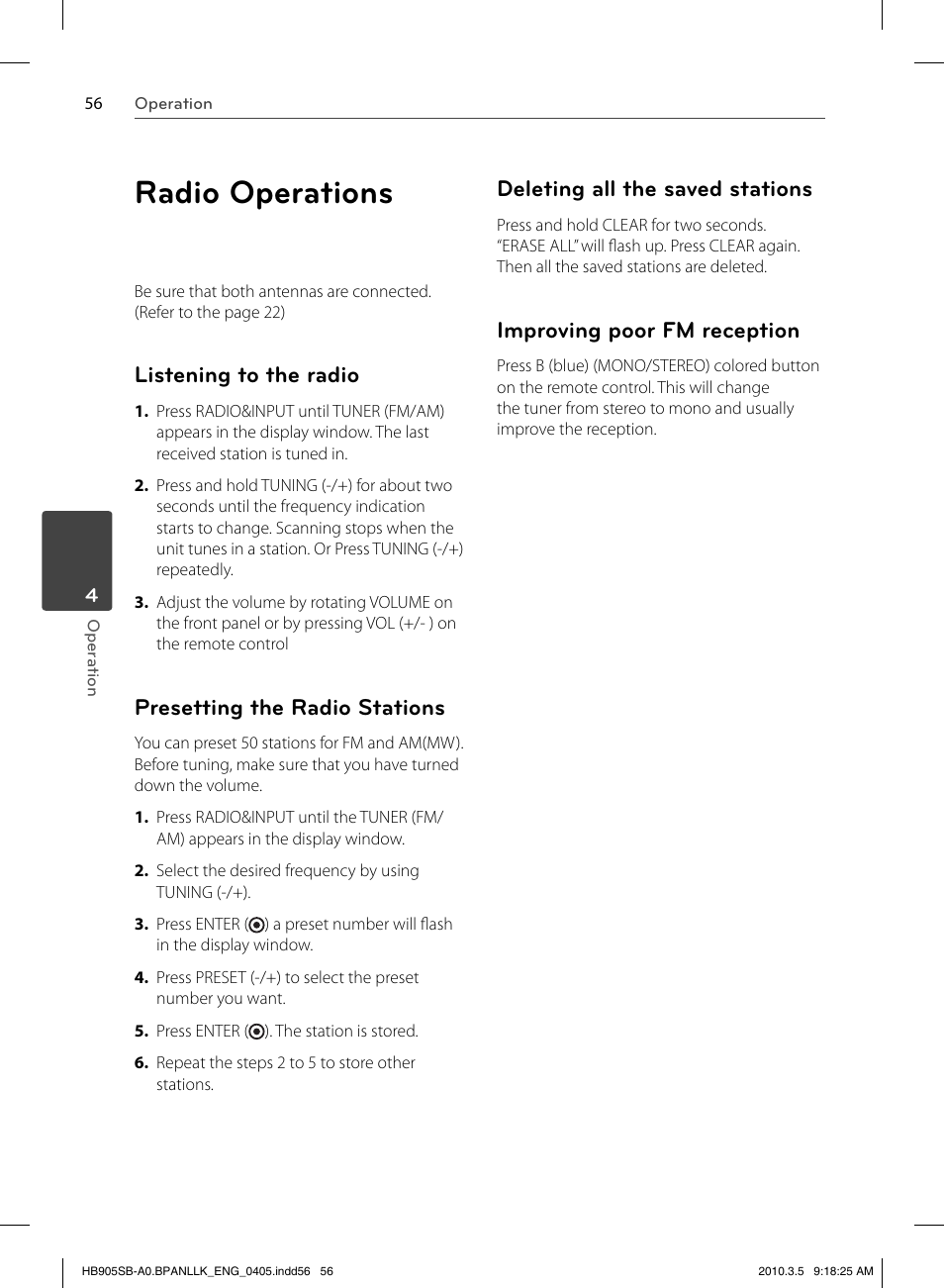 Radio operations, Listening to the radio, Presetting the radio stations | Deleting all the saved stations, Improving poor fm reception | LG HB905SB User Manual | Page 56 / 88