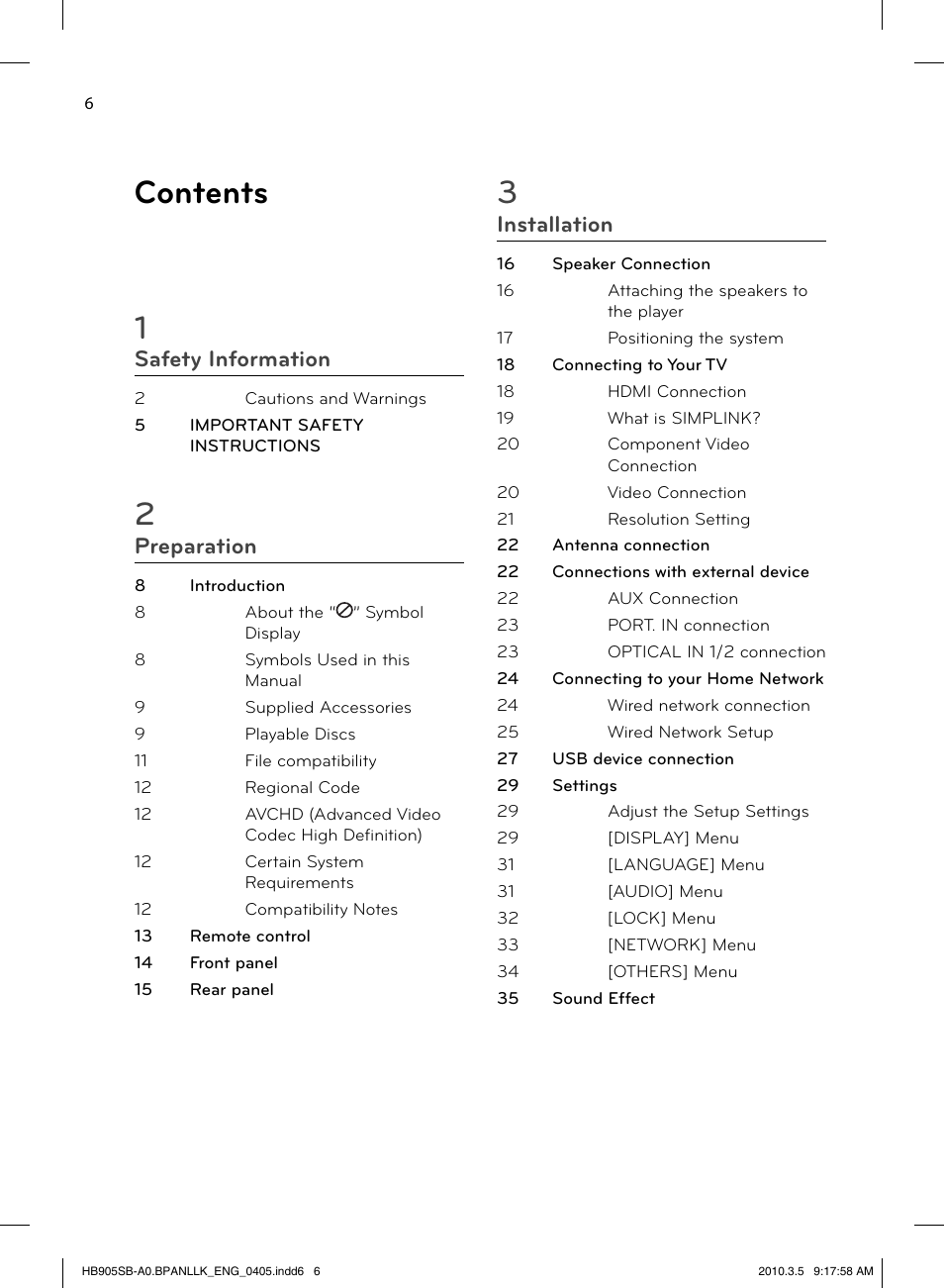 Contents 1, Safety information, Preparation | Installation | LG HB905SB User Manual | Page 6 / 88