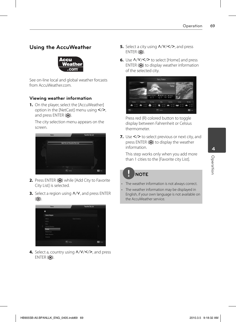 Using the accuweather | LG HB905SB User Manual | Page 69 / 88