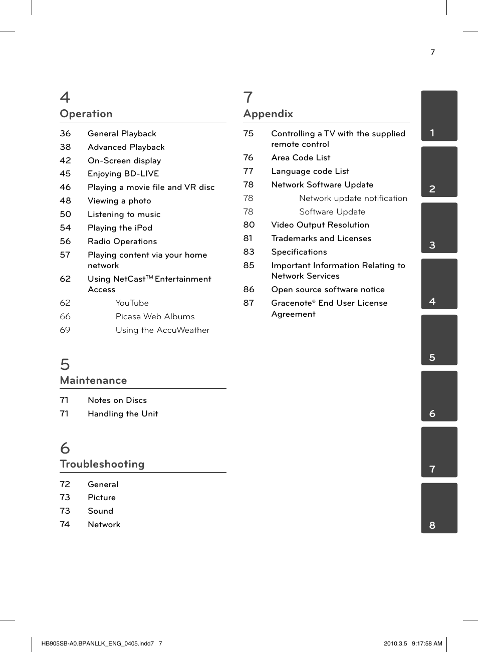 Operation, Maintenance, Troubleshooting | Appendix | LG HB905SB User Manual | Page 7 / 88