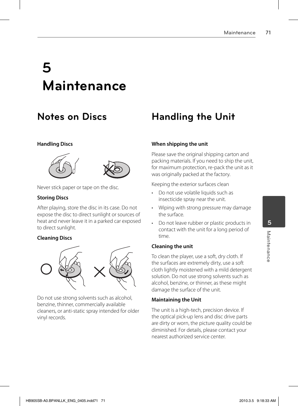 5 maintenance, Handling the unit | LG HB905SB User Manual | Page 71 / 88