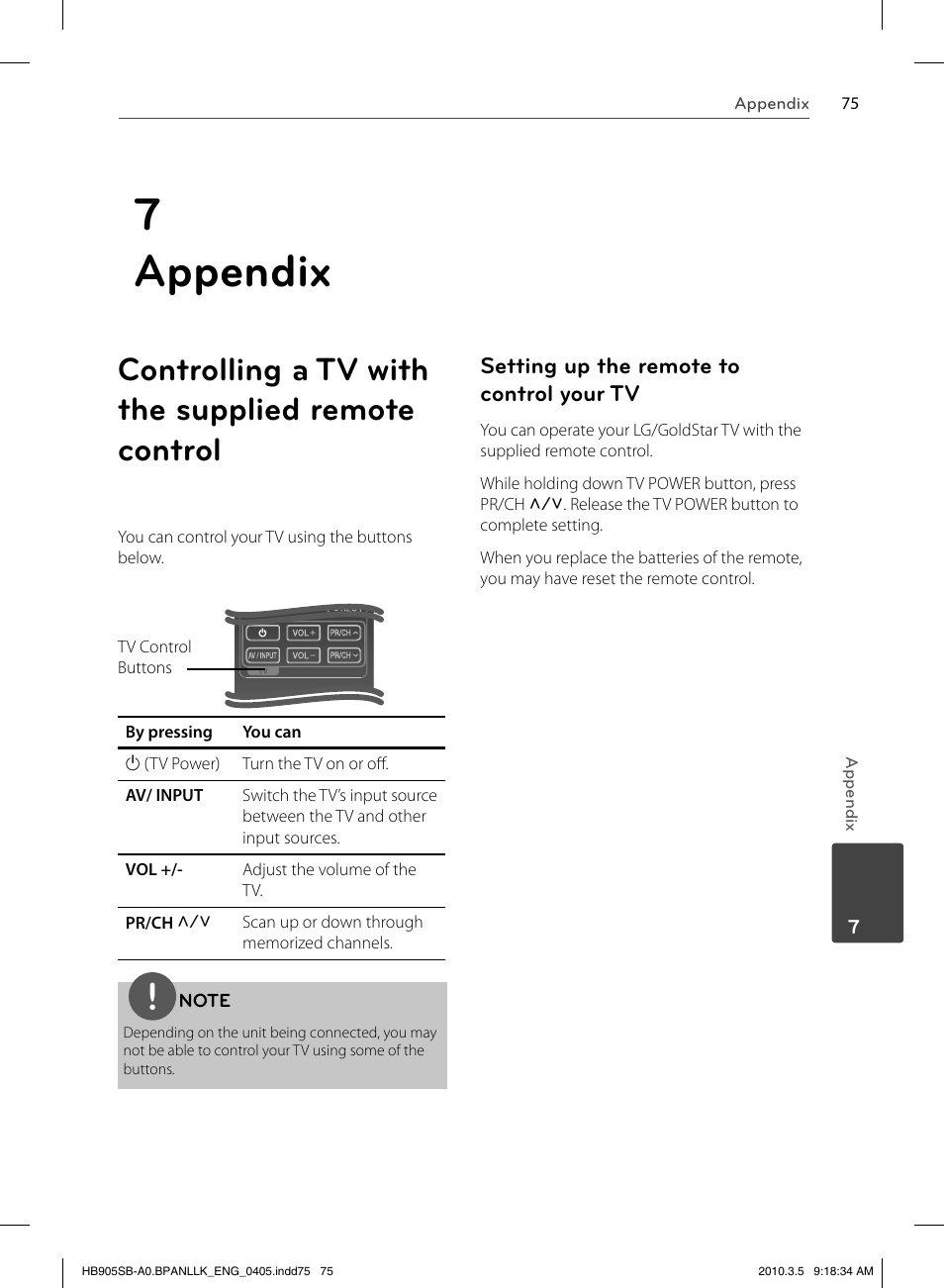 7 appendix, Controlling a tv with the supplied remote control, Setting up the remote to control your tv | LG HB905SB User Manual | Page 75 / 88