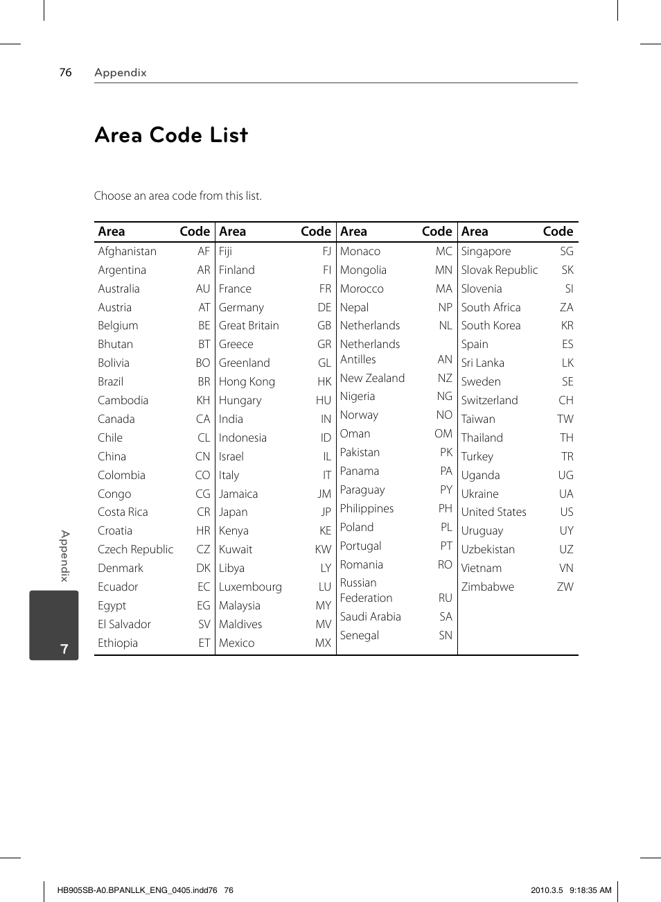 Area code list | LG HB905SB User Manual | Page 76 / 88