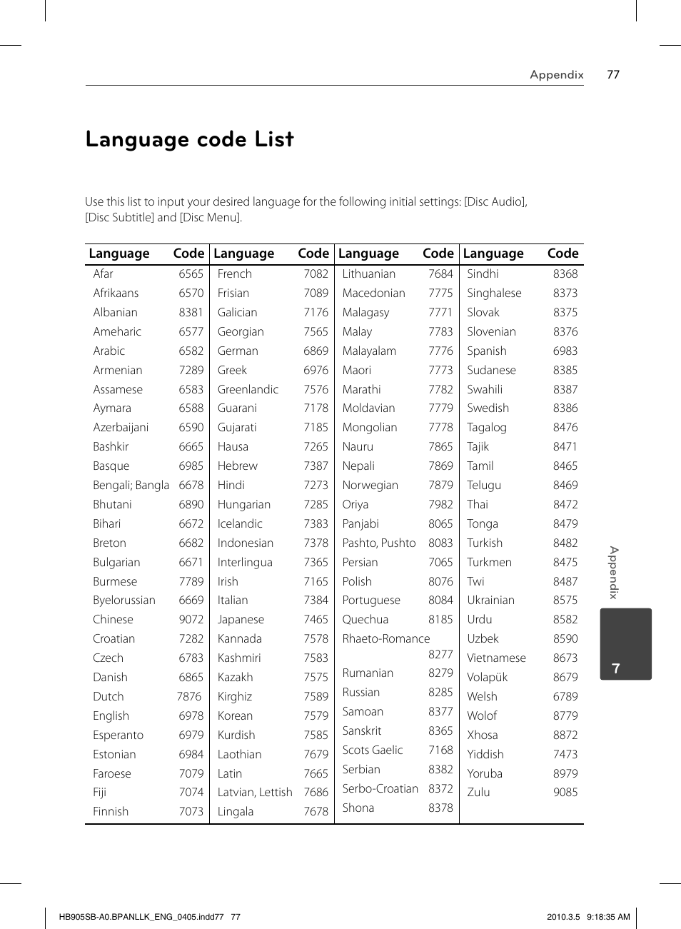 Language code list | LG HB905SB User Manual | Page 77 / 88