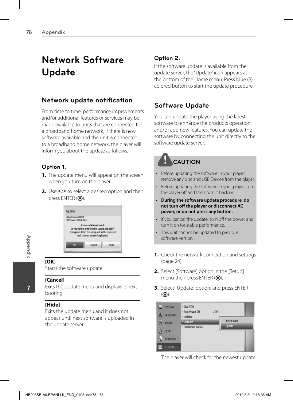 Network software update, Network update notiﬁ cation, Software update | LG HB905SB User Manual | Page 78 / 88