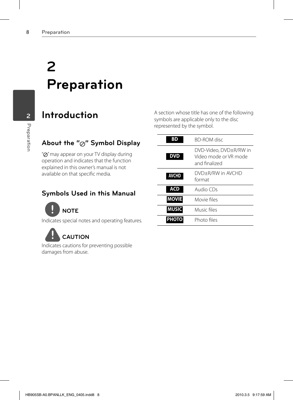 2 preparation, Introduction, About the “ ” symbol display | Symbols used in this manual | LG HB905SB User Manual | Page 8 / 88