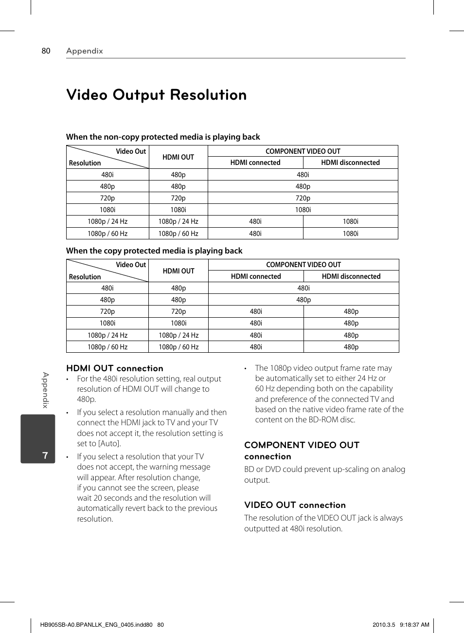 Video output resolution | LG HB905SB User Manual | Page 80 / 88