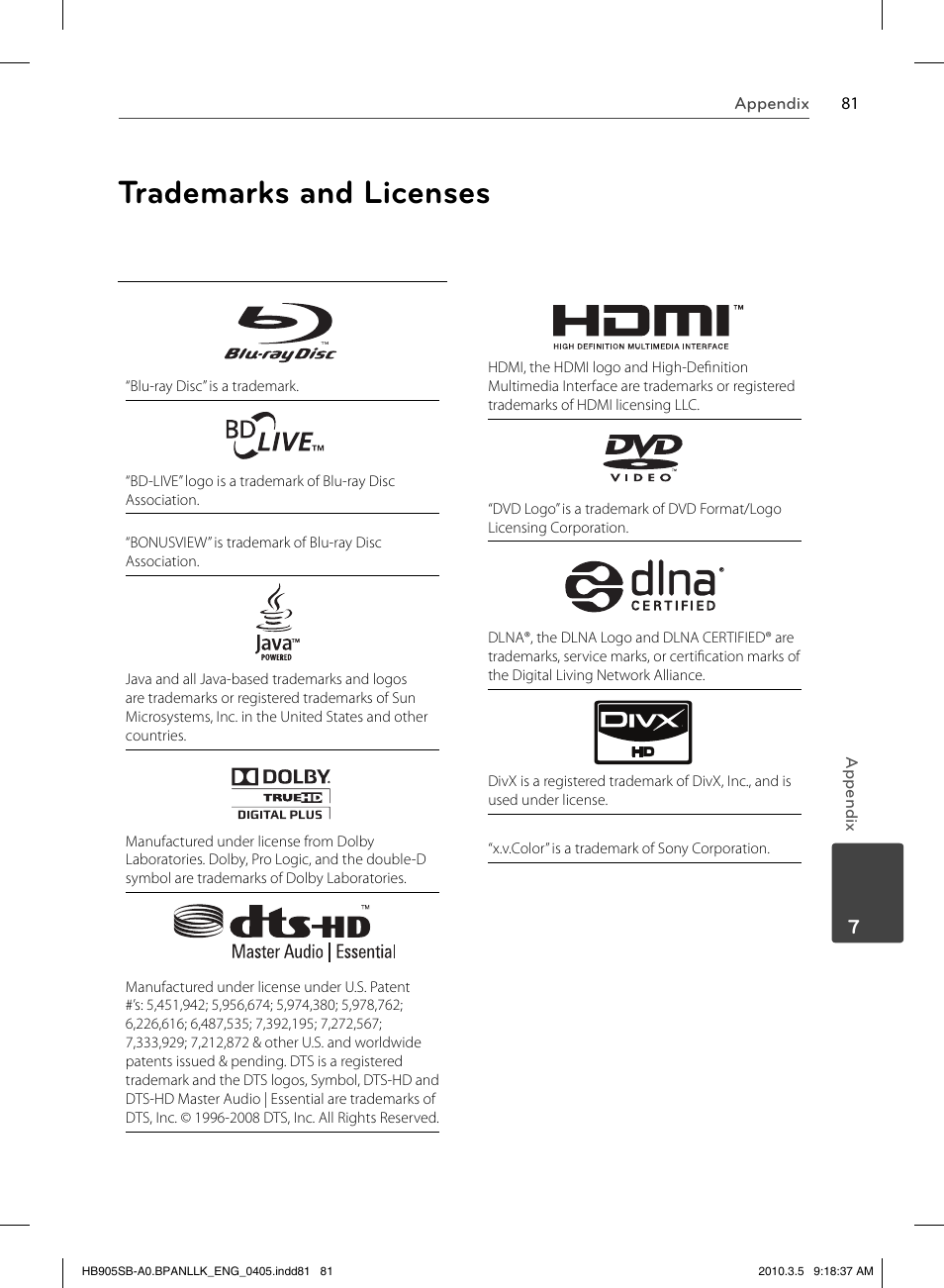 Trademarks and licenses | LG HB905SB User Manual | Page 81 / 88