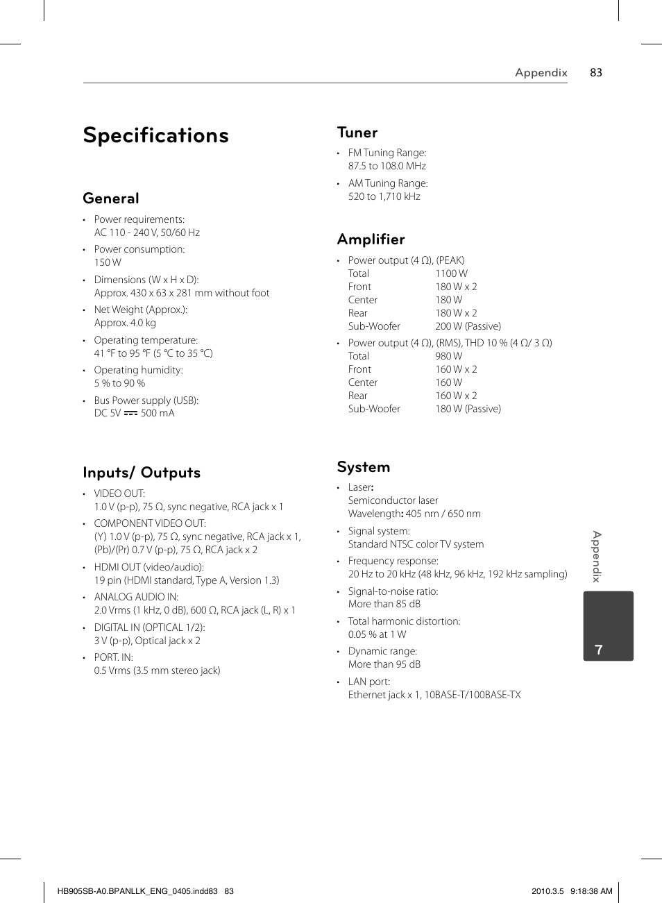 Speciﬁ cations, General, Inputs/ outputs | Tuner, Ampliﬁ er, System | LG HB905SB User Manual | Page 83 / 88