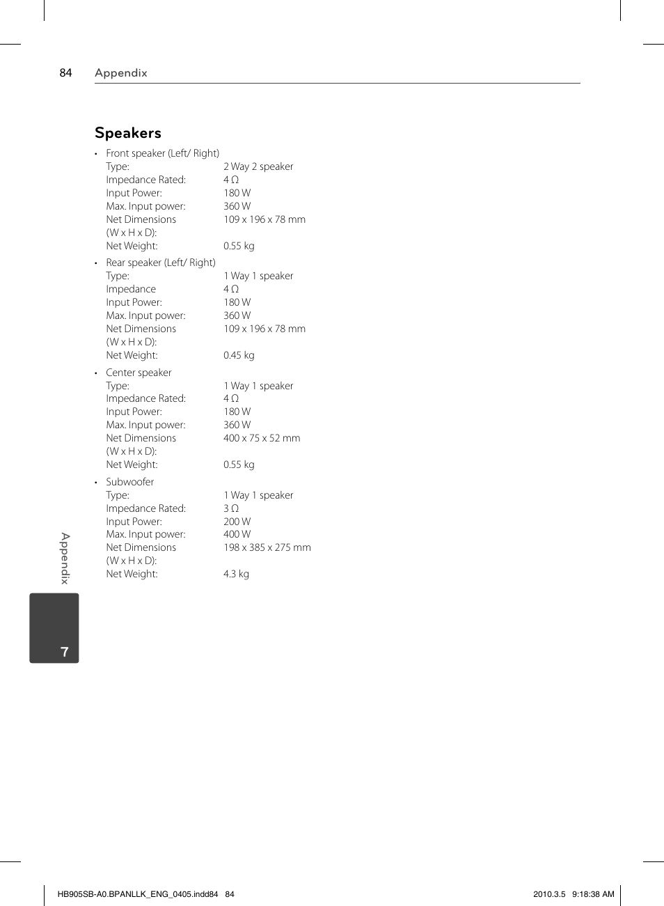 Speakers | LG HB905SB User Manual | Page 84 / 88