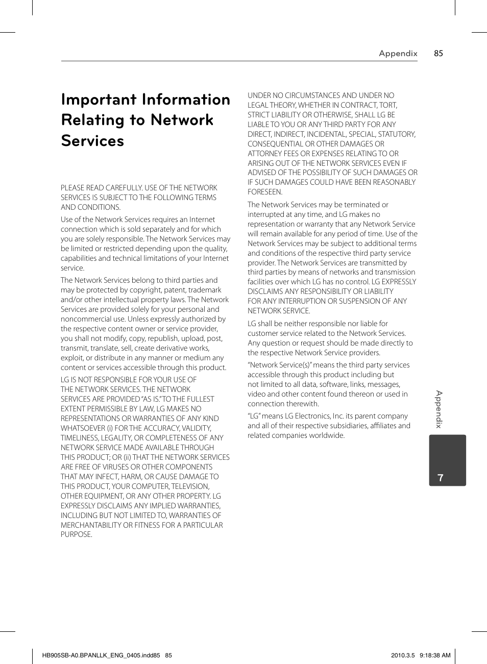 Important information relating to network services | LG HB905SB User Manual | Page 85 / 88